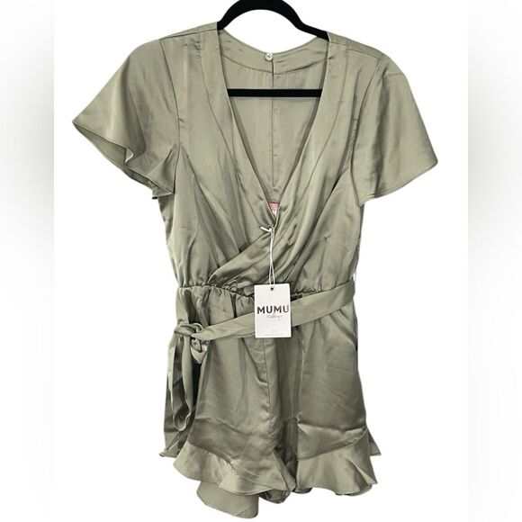 NWT Show Me Your Mumu - Say I Do Romper Moss Green Size MEDIUM Satin Faux Wrap - Picture 4 of 11